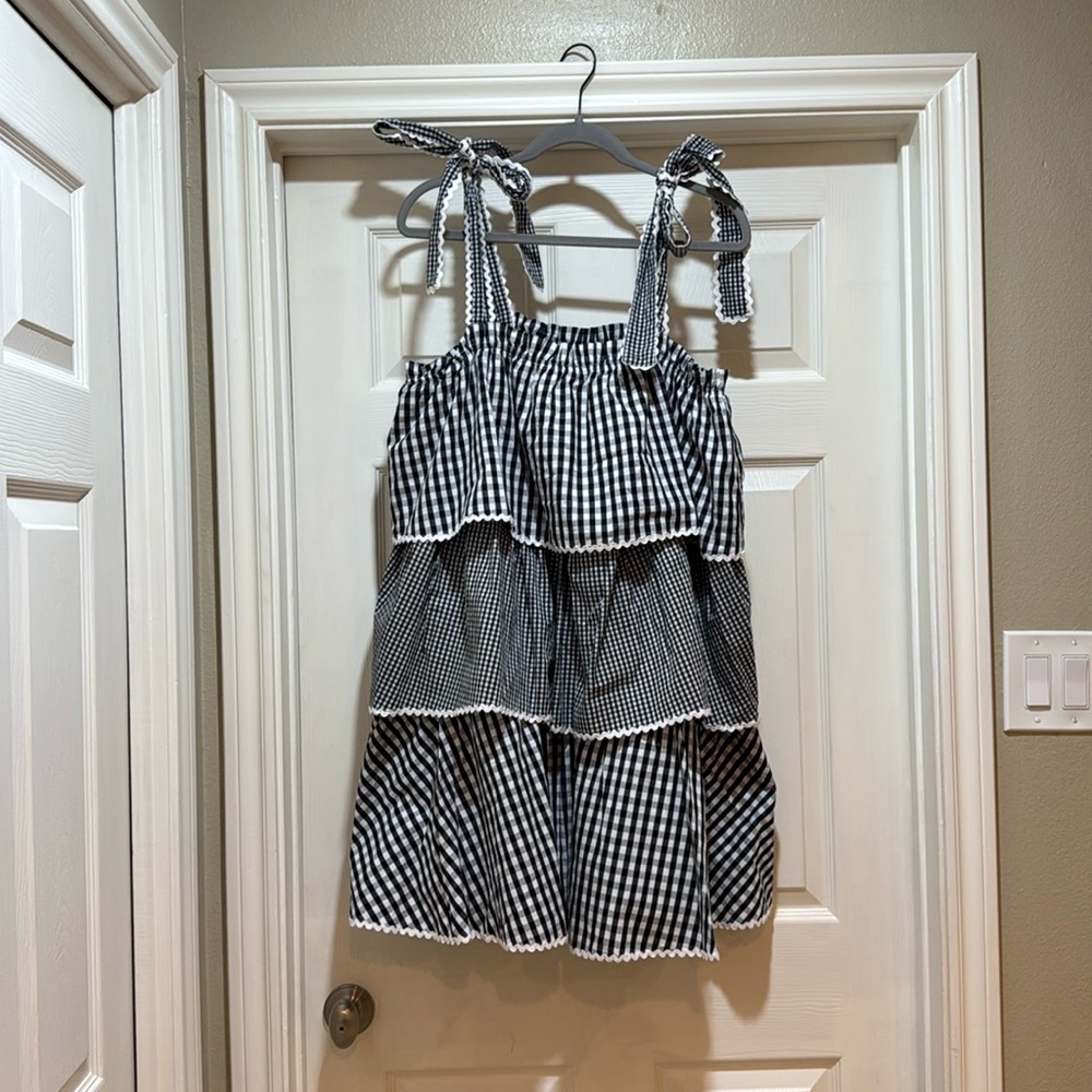 Tuckernuck Black & White Gingham Tiered Tie-Shoulder Dress